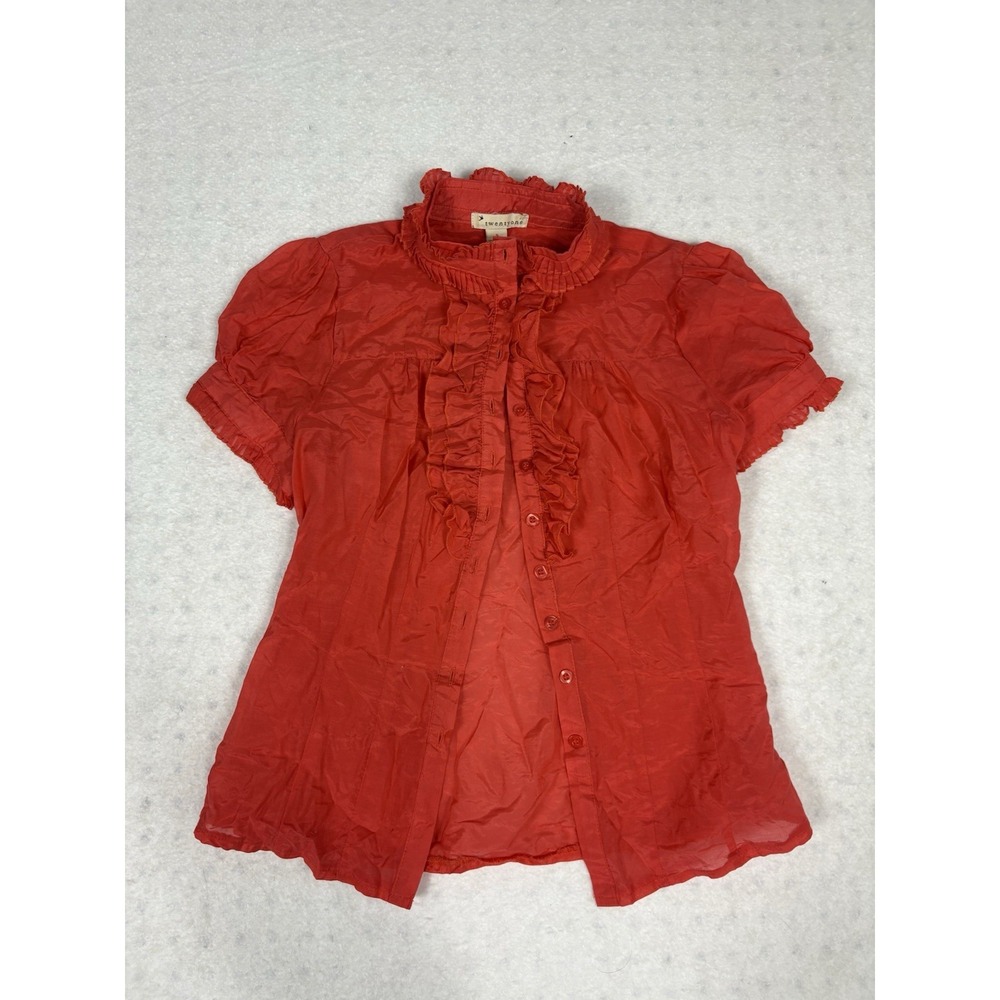 Orange Ruffles Blouse Business Casual Women's S Twenty One 2000s Sheer Button Up